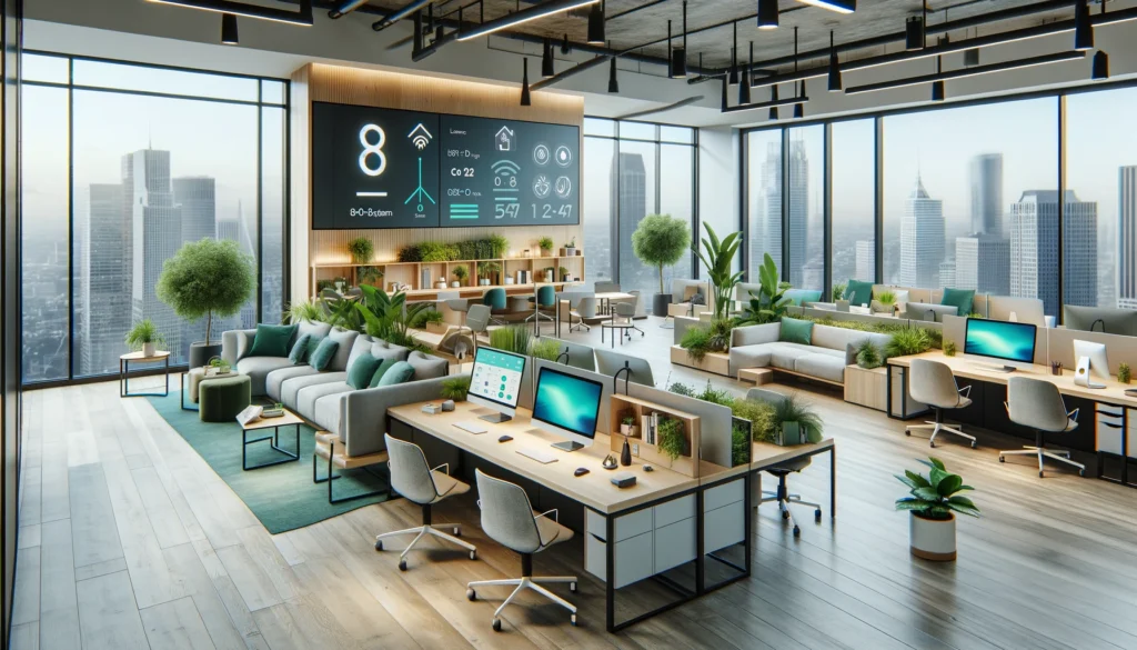  a modern hybrid office space that blends traditional and contemporary elements. The offices feature minimalist hot-desk setups, smart monitors, wireless devices, and a lounge area with soft seating and green plants.